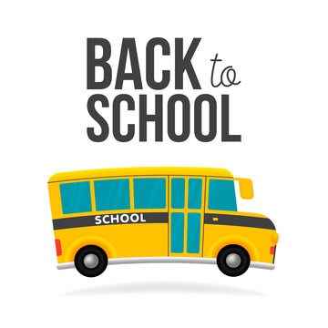 Cute cartoon school bus with color and back to school text sign. White background.