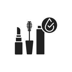 Waterproof cosmetic black glyph icon. Water repellent mascara and lipstick concept. Make up protection sign. Pictogram for web page, mobile app, promo. UI UX GUI design element.