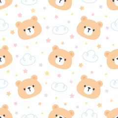 Cute bear with cloud and stars seamless pattern background