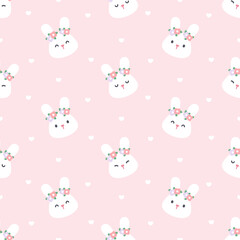 Cute bunny with flower crown seamless pattern background