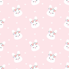Cute bunny with flower crown seamless pattern background