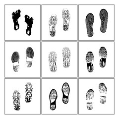 Shoe marks and human foot mark drawing by Illustration. Difference kind of shoe marks collection