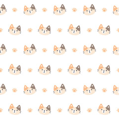 Cute kitty cat and paws footprint seamless pattern background