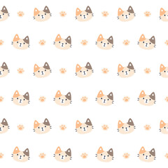 Cute kitty cat and paws footprint seamless pattern background