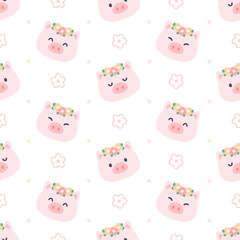Cute pig with flower crown seamless pattern background