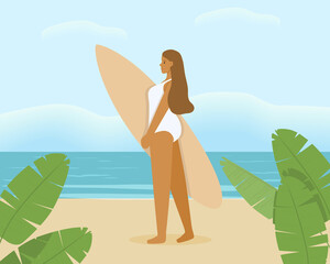 Cute girl holding surf Board. A young woman in a white bathing suit against the sea. Bright vector illustration of a summer vacation.