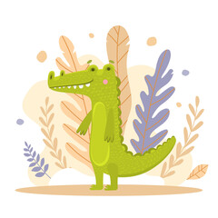 Windy illustration of a cute crocodile stands on the background of the jungle. A green funny aligator stands on its hind legs and smiles. Printing on t-shirts, mugs, cute character. Design for books