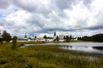 Fototapeta na wymiar Russia, Valdai. Lake with a view of the Valdai Iversky monastery. Churches and cathedrals of Russia. Faith in God. Pilgrimage.