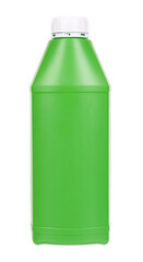 Green plastic container with engine oil. Anti fungus detergent for bacthroom. Isolated on white background.