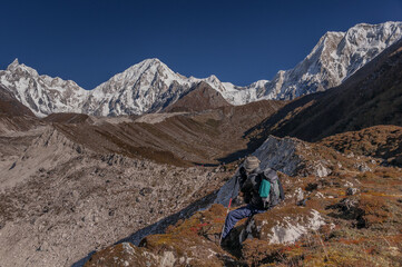 Cheo Himal & Himlung Himal stunning summits on Nepal-Tibet border as seen on descent from Larkya La...