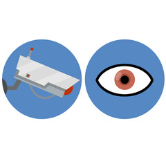 Video surveillance camera. Security footage set. White CCTV device with red lens. Cartoon flat illustration. Safety and security. Human eye icon. control and monitoring in circle
