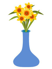 Yellow daffodils bloom in blue vase. Narcissus flowers isolated on white background. Flowering plant element. Flat design. Botanical illustration.