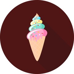 Vector illustration of ice cream in circle icon with long shadow. Ice cream cone flat style. Hand drawn art ice cream design for poster. Sweet dessert pastry vector illustration.