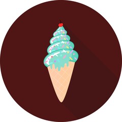 Vector illustration of ice cream in circle icon with long shadow. Ice cream cone flat style. Hand drawn art ice cream design for poster. Sweet dessert pastry vector illustration.