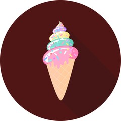 Vector illustration of ice cream in circle icon with long shadow. Ice cream cone flat style. Hand drawn art ice cream design for poster. Sweet dessert pastry vector illustration.