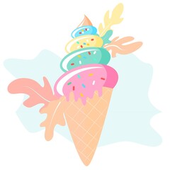 Vector flat illustration of ice cream. Ice cream cone flat style. Hand drawn art ice cream design for poster. Sweet dessert pastry vector illustration.