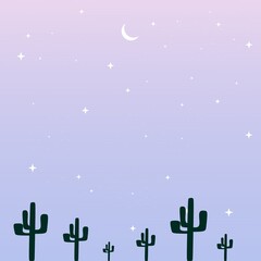 Blue and purple landscape with silhouettes of cactus, moon and stars in the sky. Background vector illustration for greeting card, poster, nature theme and wallpaper.