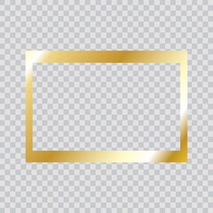 Gold frame vector. Trendy rectangle border. Gold frame isolated on transparent background. Useful for app, banner, party invitation card or happy birthday. Creative art concept, vector illustration