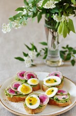 watermelon radish sandwich with avocado and egg. healthy balanced breakfast. bright toast