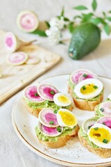 Obraz na płótnie Canvas watermelon radish sandwich with avocado and egg. healthy balanced breakfast. bright toast