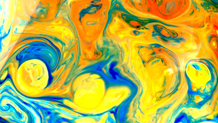 Fluid Art. Abstract blurred colorful background. Swirl liquid pattern. Marble effect of blue yellow color. Trendy colorful backdrop. Mixing paints