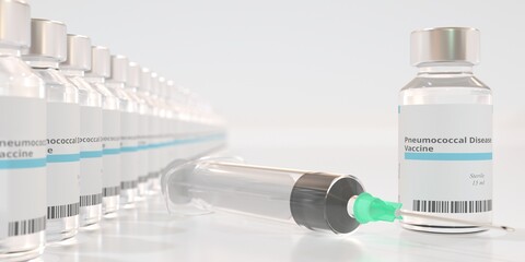 Vials with pneumococcal disease vaccine and syringe. 3D rendering