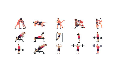 Fototapeta na wymiar Man workout illustration set, gym, karate, wrestling illustration set