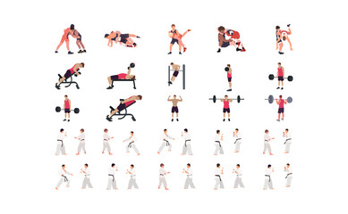 Fototapeta na wymiar Man workout illustration set, gym, karate, wrestling illustration set