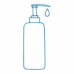 Sanitizer dispenser. Liquid soap vector line. Corona virus prevention. Hand drawn bottle with antiseptic isolated on white background. Washing and disinfection. 