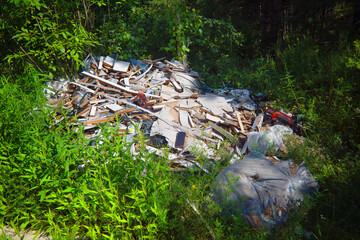 Unauthorized landfill in the forest. Pollution of nature. Bad ecology.