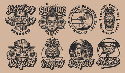 Black and white set Hawaii surfing illustrations on a light background. These vectors are perfect for logos, shirt prints, and many other uses as well.