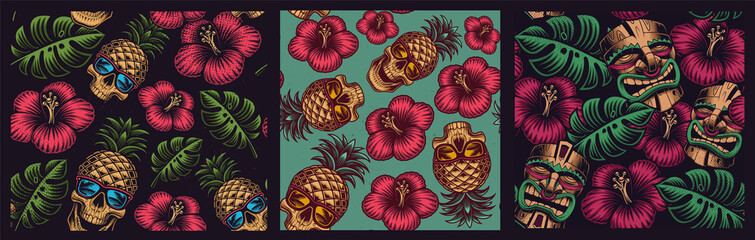 Set of seamless colored patterns in Hawaiian style with skull pineapple, tiki mask. - obrazy, fototapety, plakaty