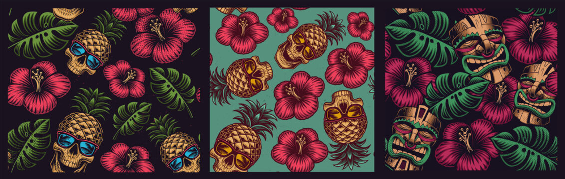 Set Of Seamless Colored Patterns In Hawaiian Style With Skull Pineapple, Tiki Mask.