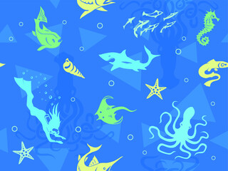 Seamless Ocean Life Pattern with Fishes, Octopus, Shells, swordfish, Shark silhouettes on blue 

background