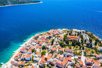 Aerial view of Primosten old town, amazing sunny landscape, Dalmatia, Croatia. Famous tourist resort on Adriatic sea coast.