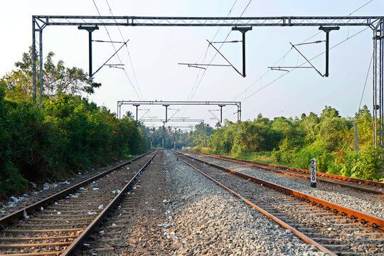 Landscape of railroad tracks in India cutting across rural countryside.