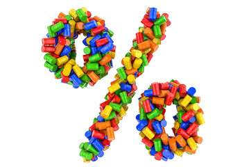 Percent symbol from colored steel barrels, 3D rendering