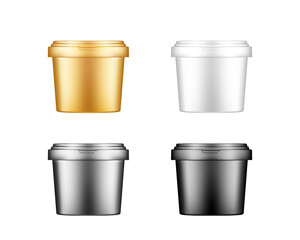 Ice cream, mayonnaise, yogurt or paint bucket with cap mockups. Plastic package design. Blank gold, silver, black and white food or decor product container template. 3d vector illustration