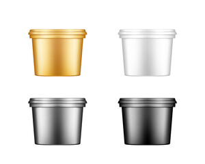 Ice cream, yoghurt, mayo, paint or putty bucket with cap mockups. Plastic package design. Blank gold, silver, black and white food or decor product container template. 3d vector illustration