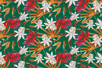 Fototapeta na wymiar Colourful Seamless Pattern with tropic flowers and leaves.