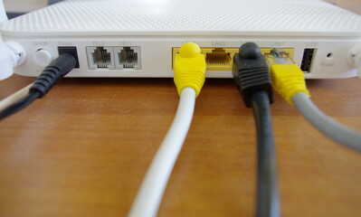 wireless internet router with connecting cables, fiber optic Internet, internet security