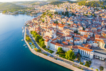 Fototapeta premium Aerial view of the city of Sibenik in the summer morning, Croatia