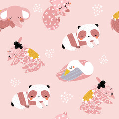 Seamless pattern with little sleeping animals. Cute childish print. Vector hand drawn illustration.