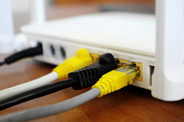 wireless internet router with connecting cables, fiber optic Internet, internet security