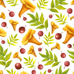 Seamless pattern of watercolor hand-drawn chanterelle isolated on white. Yellow and orange image of wild forest mushroom with green leaves and red berries. edible golden cantharellus with foliage