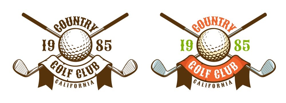 Golf game retro sport emblem. Golf ball and clubs vintage logo. Vector illustration.
