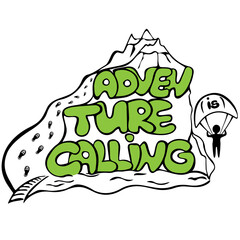 Adventure is calling doodle lettering style, illustration of recreation in the mountains, paragliding, skydiving, hiking and any outdoor activity and active lifestyle