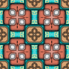 Patchwork seamless pattern. Vector colorful ornamental background. Tribal ethnic style repeat backdrop. Geometric patched ornaments with abstract flowers, shapes, zig zag lines. Greek key meanders