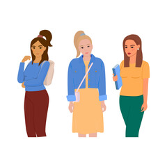 Obraz premium A set of portraits, avatars of female students. Cute young girls with beautiful hair. Cartoon flat vector illustration.