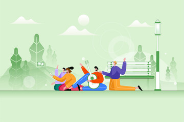 Happy friends taking selfie outdoors - Flat Vector Illustration